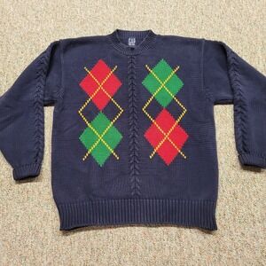 Gap Sweater Men Large Blue Argyle Braided Heavy Knit Cabin Hiking Camping Skiing